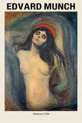 Edvard Munch’s "Madonna," a Symbolist oil painting from 1894 showing a nude female figure with a red halo and flowing dark hair against a swirling blue background.