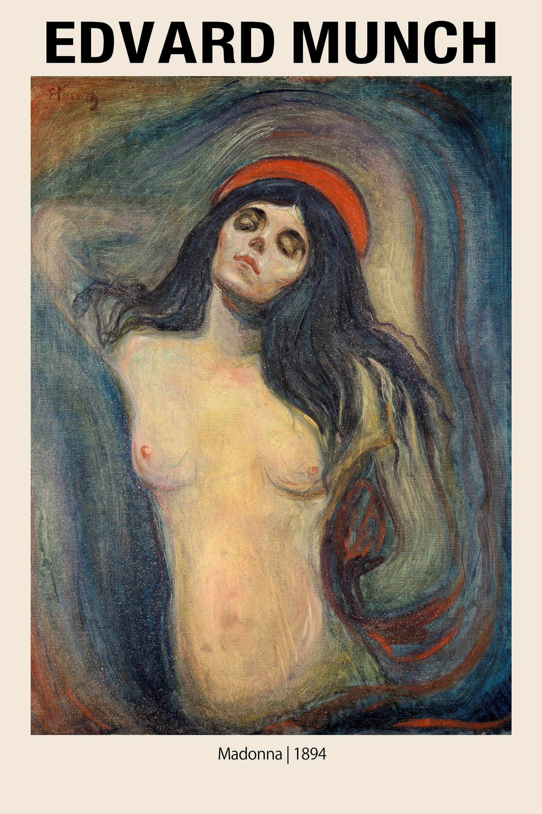 Edvard Munch’s "Madonna," a Symbolist oil painting from 1894 showing a nude female figure with a red halo and flowing dark hair against a swirling blue background.