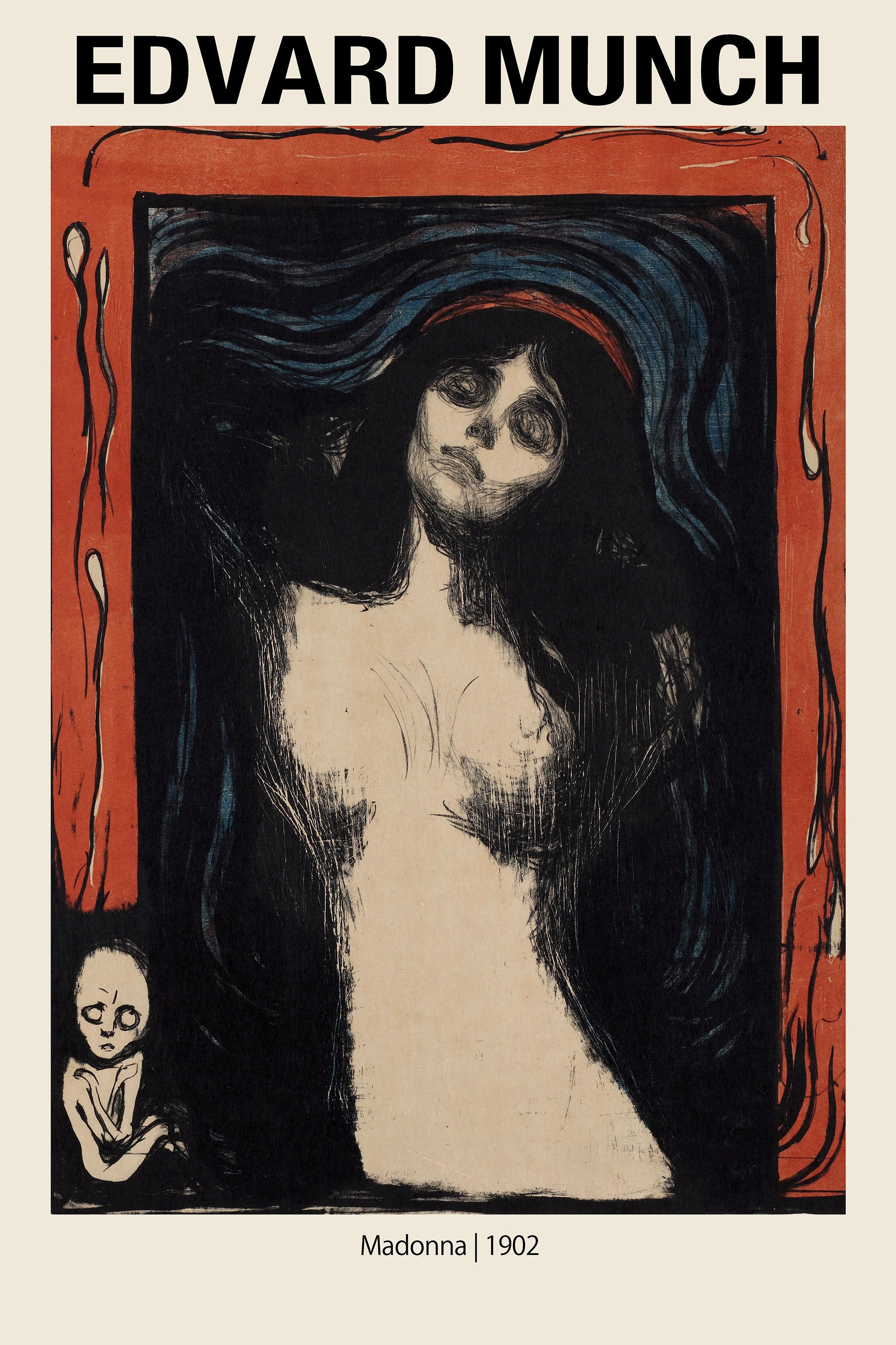 Reproduction of Edvard Munch's 1902 Madonna lithograph featuring a nude figure, dark flowing hair, and a strong red frame border.