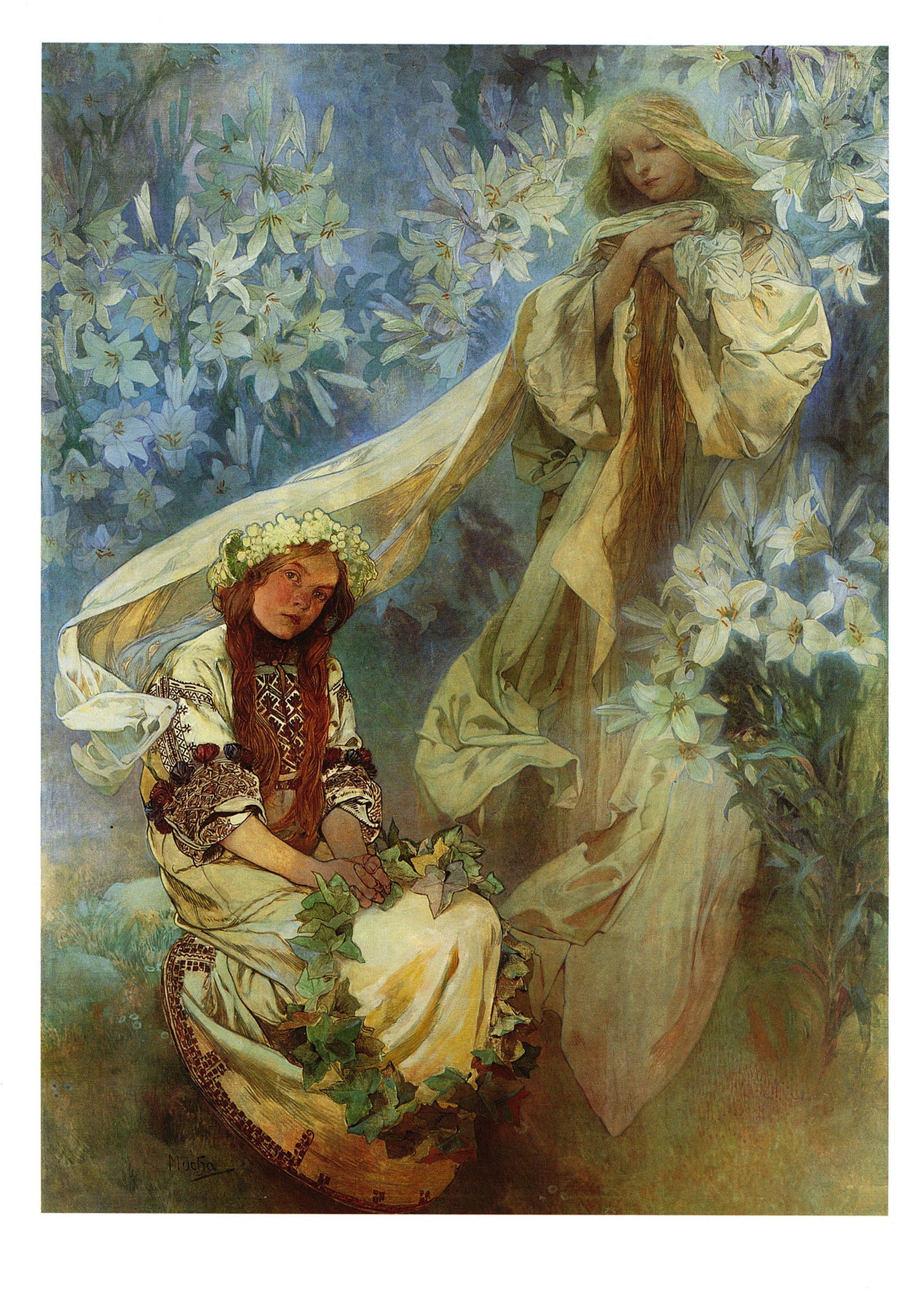 Full color reproduction of an Alphonse Mucha painting showing two women among large white lilies, capturing the Art Nouveau style.