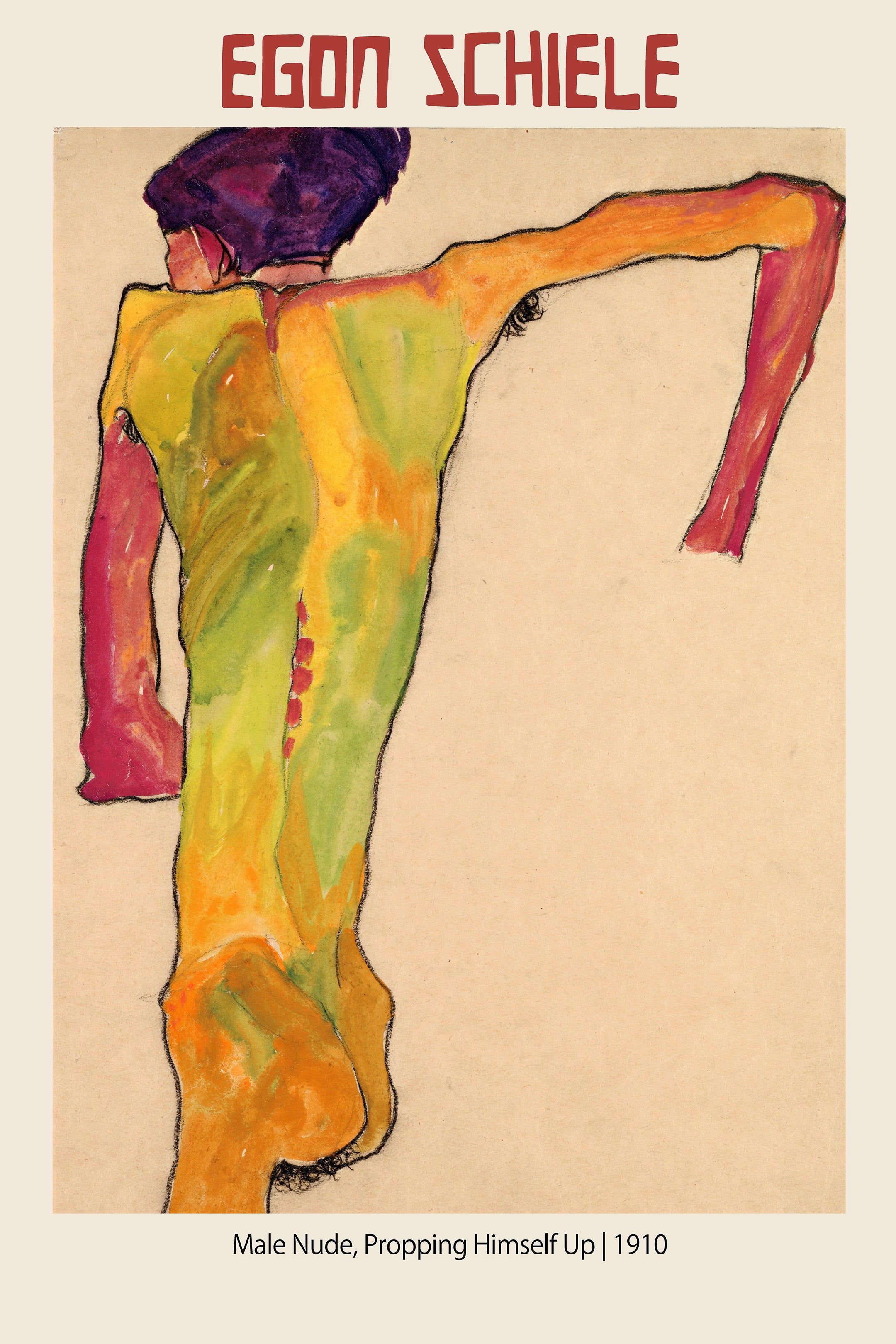 Egon Schiele's 1910 watercolor and charcoal drawing, "Male Nude, Propping Himself Up," showing a figure with yellow-green skin and purple hat against a beige ground.