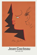 Stylized 1962 abstract male profile art by Jean Cocteau in black and red on a vibrant terracotta orange background.
