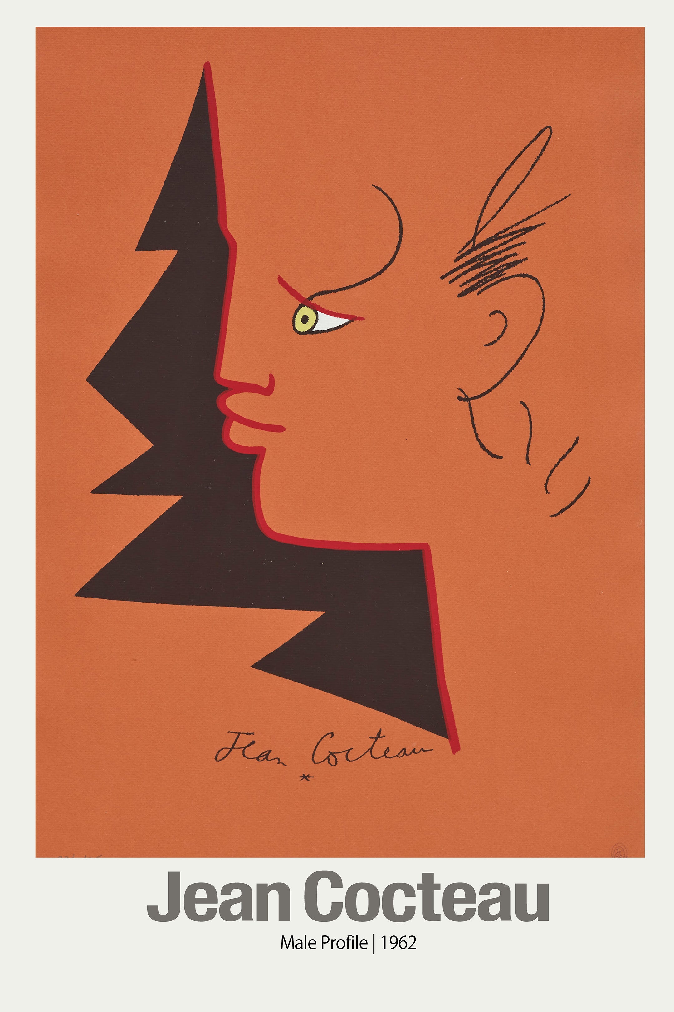 Stylized 1962 abstract male profile art by Jean Cocteau in black and red on a vibrant terracotta orange background.