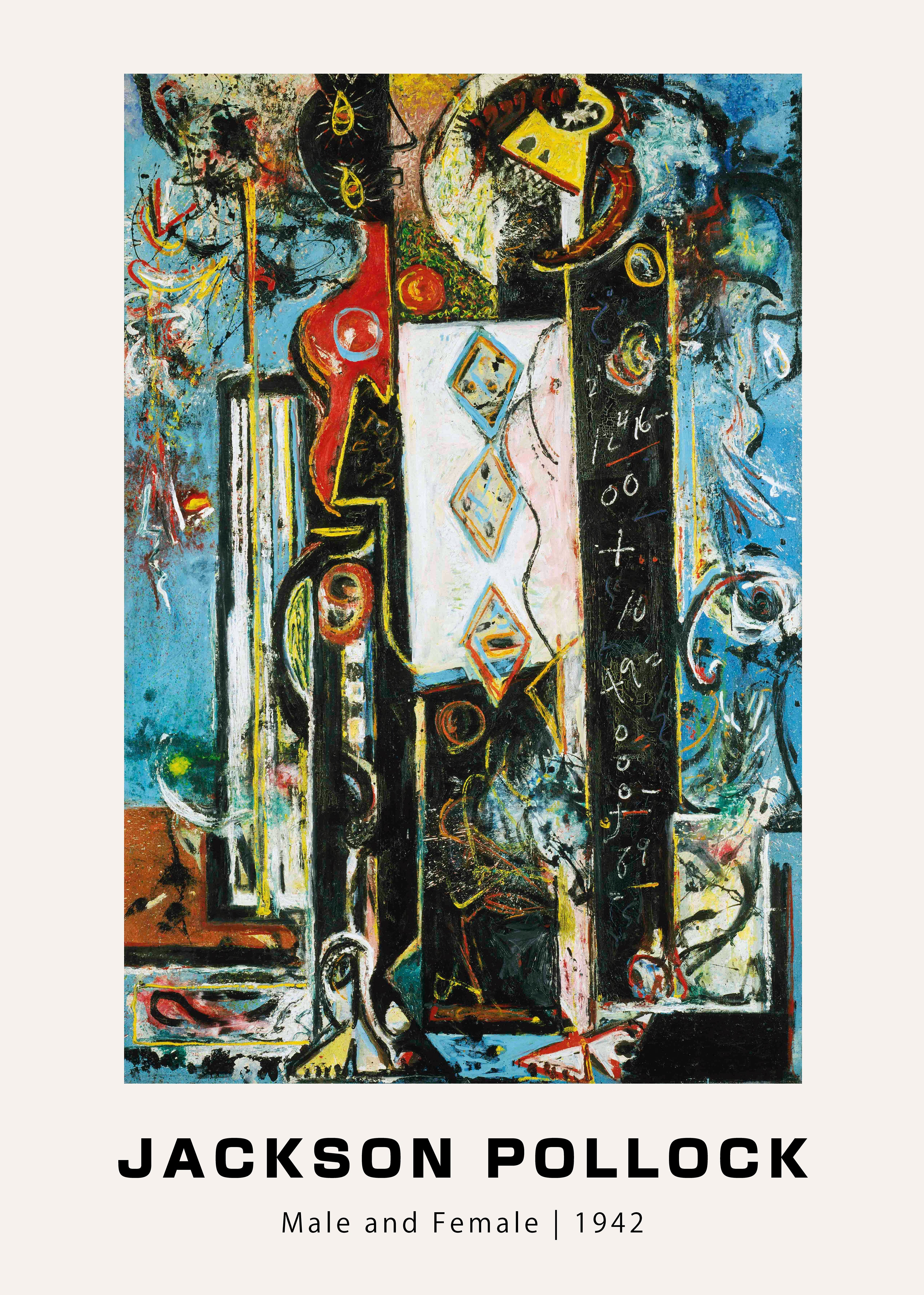 Reproduction of Jackson Pollock's 1942 abstract oil painting "Male and Female," featuring complex blue, black, and white layers with diamond shapes and red accents.