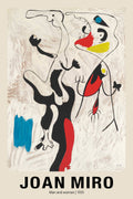 Reproduction of Joan Miró's 1935 painting featuring abstract biomorphic black figures and bright primary color blocks on a textured white background.