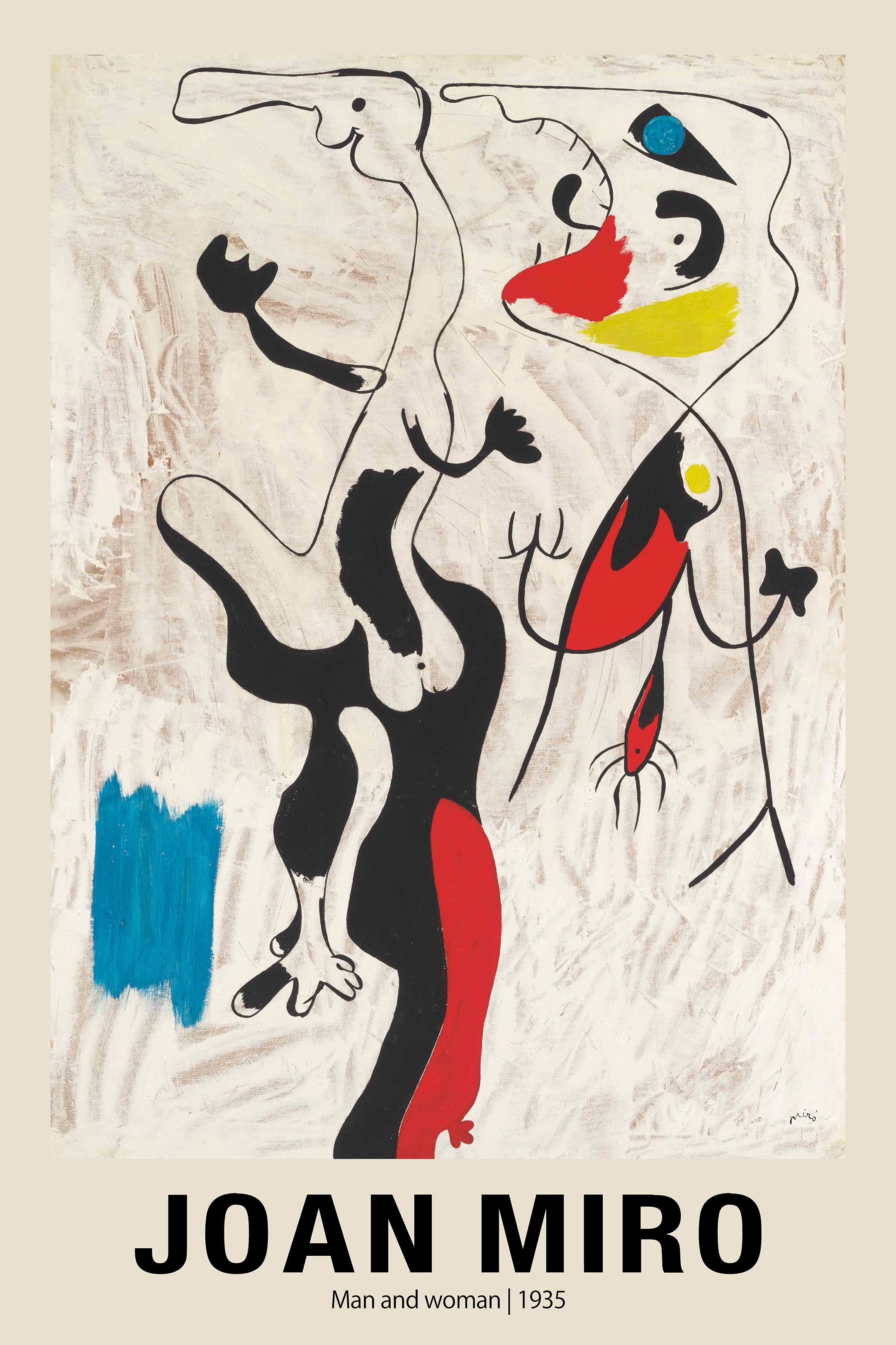 Reproduction of Joan Miró's 1935 painting featuring abstract biomorphic black figures and bright primary color blocks on a textured white background.
