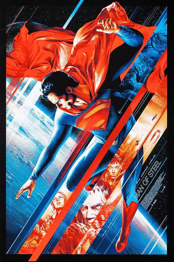 Dynamic artwork of Superman in blue suit with red cape flying against a cosmic background, titled Man of Steel