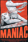 Illustration from Maniac movie poster showing a man holding a bloody knife and a severed head with blood splatters on orange background
