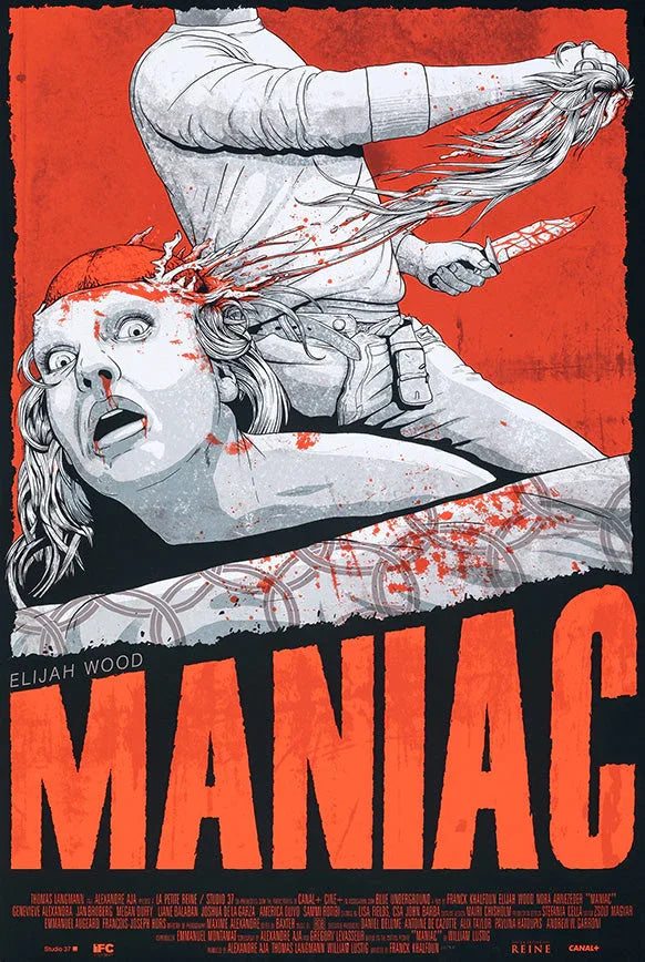 Illustration from Maniac movie poster showing a man holding a bloody knife and a severed head with blood splatters on orange background