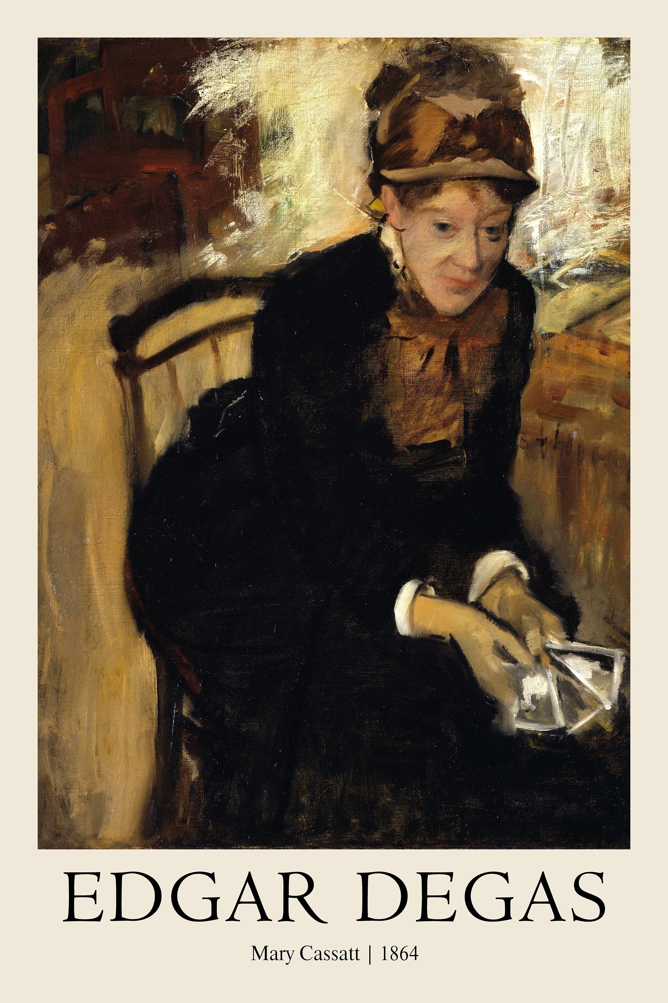 Edgar Degas oil painting, 1864, featuring a dark portrait of Mary Cassatt seated, holding small white cards or photos.