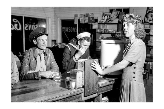 Black and White 1940s Diner Photo with Sailor and Locals Poster | Merc