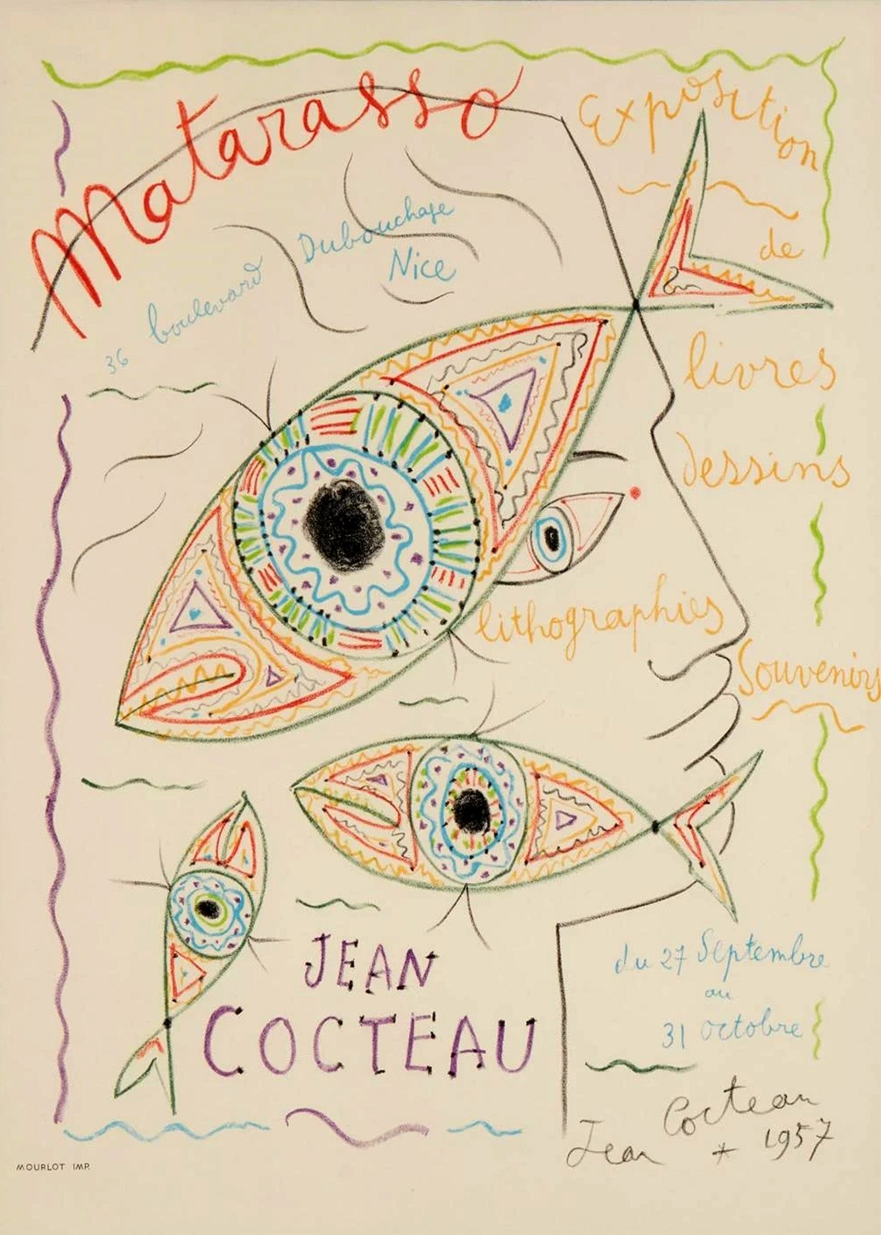 Vintage colorful drawing by Jean Cocteau featuring stylized psychedelic fish and a human profile, advertising the 1957 Matarasso Nice exhibition.