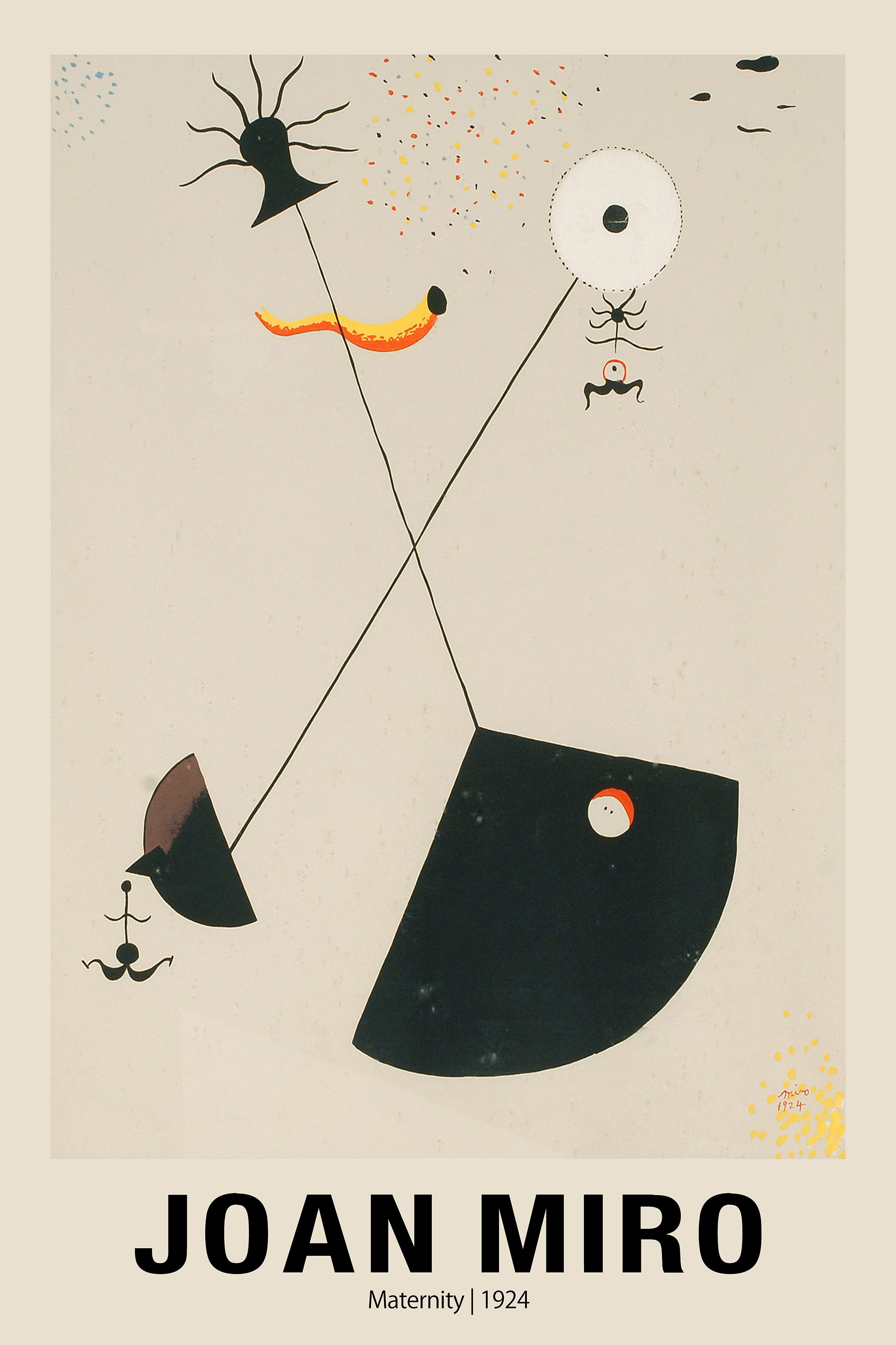 Joan Miró's 1924 artwork "Maternity," featuring surrealist abstract shapes, black quadrants, thin lines, and colorful dots on a beige background.