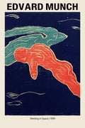 Edvard Munch Symbolist woodcut print featuring two stylized, intertwined figures—one red, one blue—against a deep navy background.