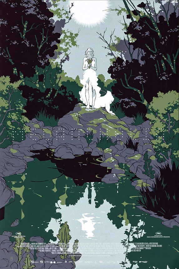 Illustration of a woman in white holding plants, standing on rocks by a reflective forest pond under bright sun