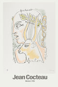 Vintage 1956 Jean Cocteau drawing depicting a profile of a figure and a bull/Minotaur, representing the Menton Music Festival. Features colored pencil line art.