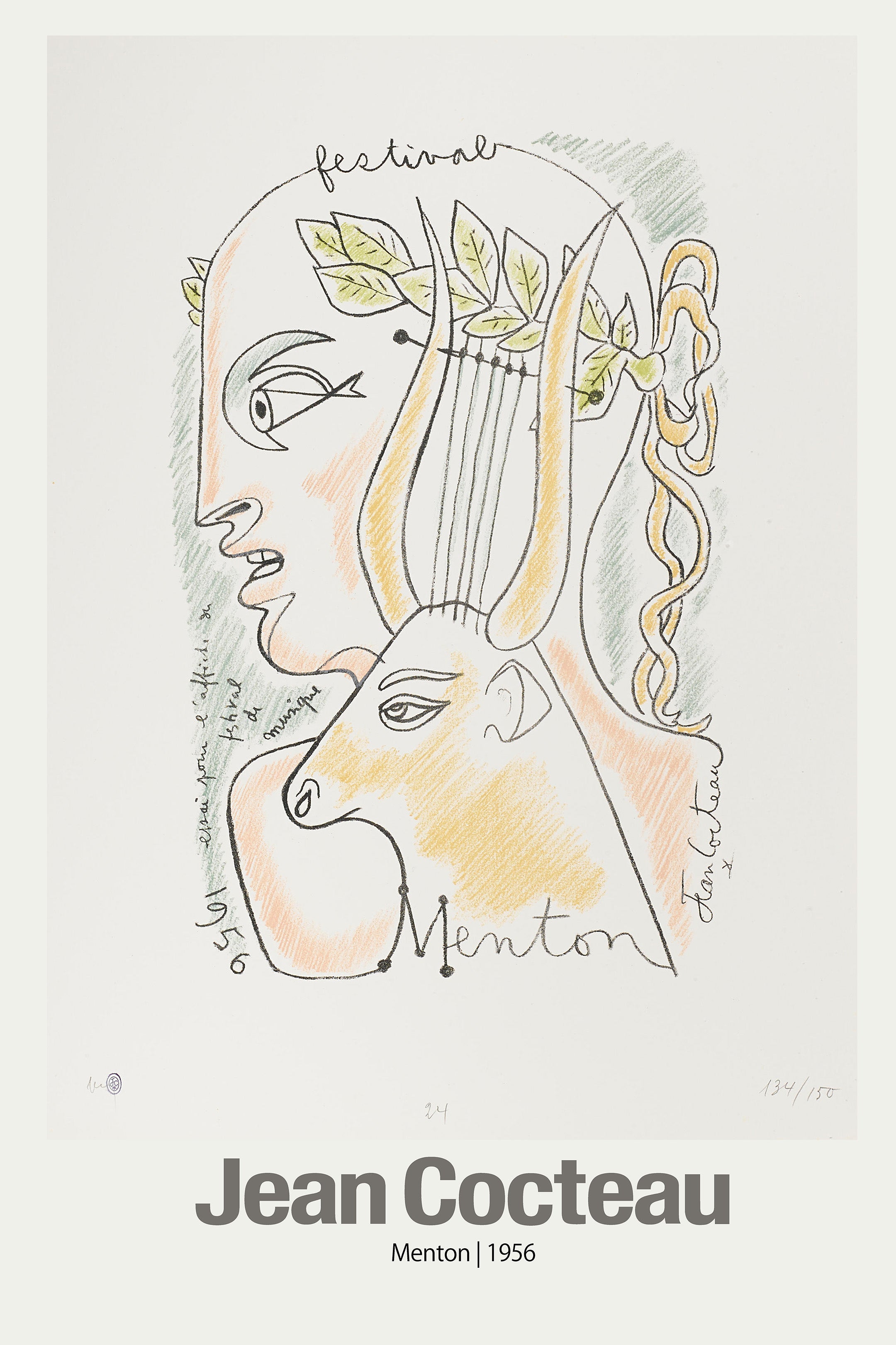 Vintage 1956 Jean Cocteau drawing depicting a profile of a figure and a bull/Minotaur, representing the Menton Music Festival. Features colored pencil line art.
