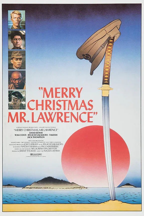Merry Christmas Mr. Lawrence 1983 movie poster with sword, military hat, red sun, island, and character portraits