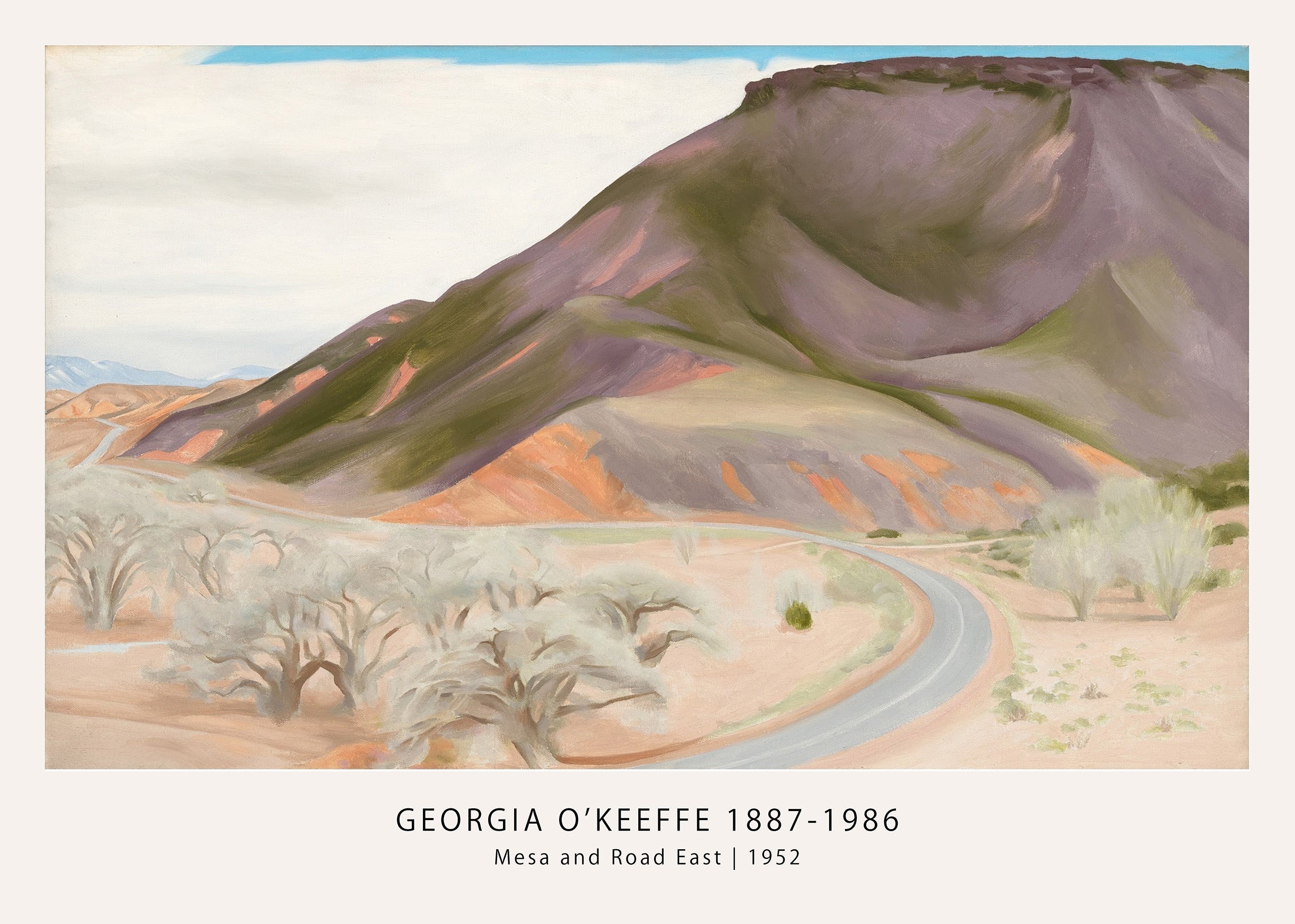 Oil painting by Georgia O'Keeffe (1952) showing a curved road, white trees, and a large purplish-brown mesa dominating the New Mexico desert landscape.