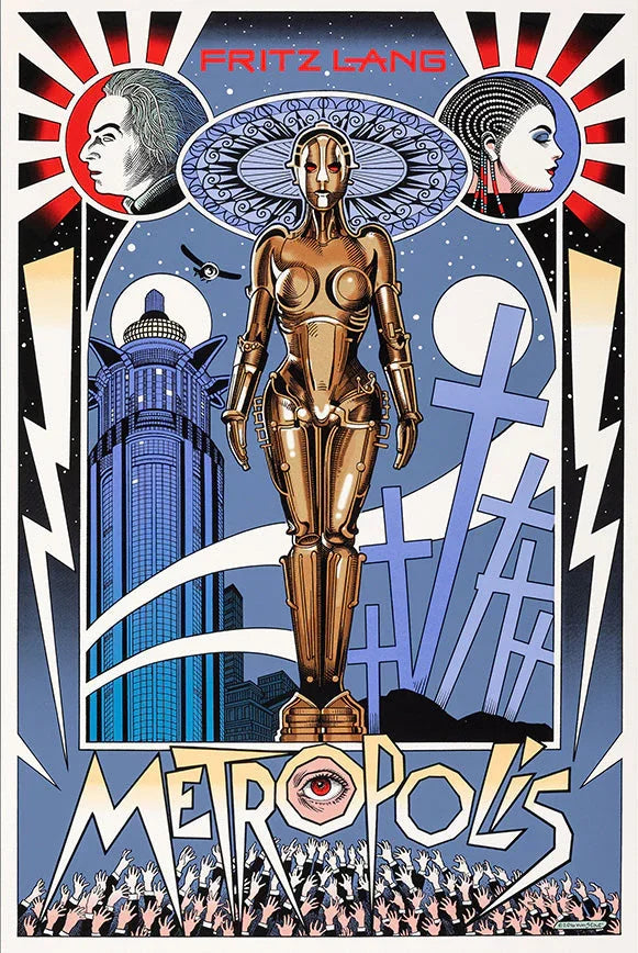 Futuristic Metropolis poster featuring a golden robot woman, skyscrapers, crosses, and raised hands