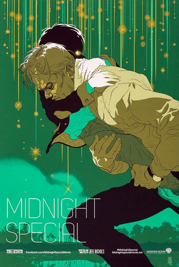 Illustrated movie poster for Midnight Special showing a man carrying a child against a starry green background