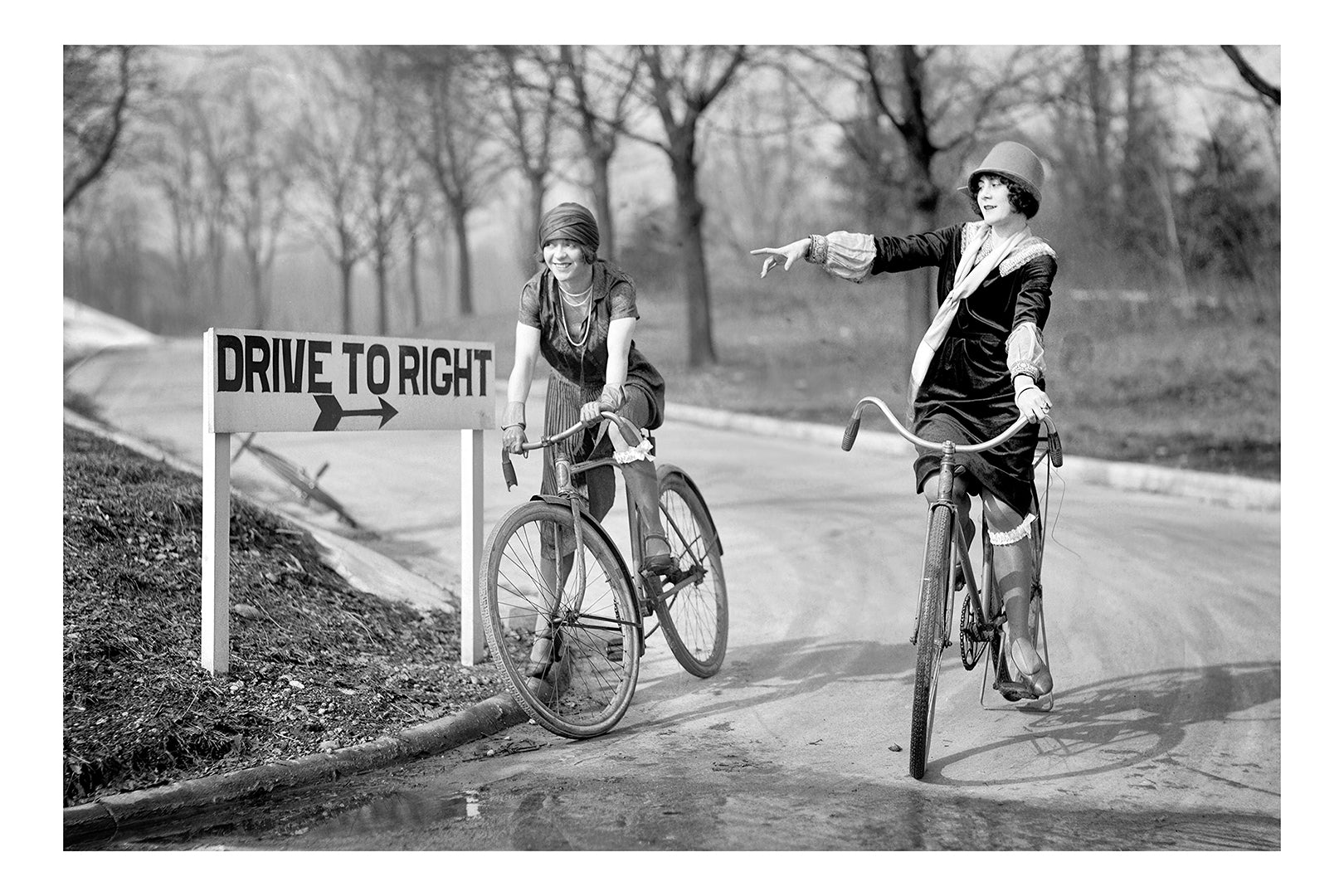 1920s Flappers Riding Bikes Vintage Photo Print, Drive To Right Sign