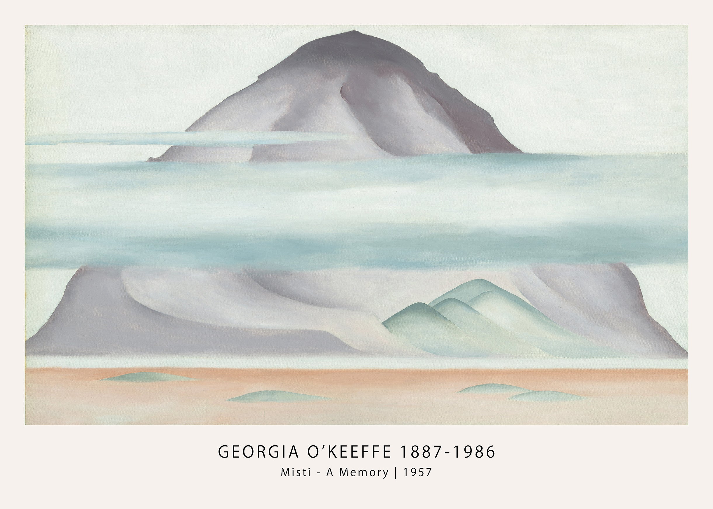 Georgia O'Keeffe's 1957 painting Misti - A Memory showing a large gray mountain above pale blue-green horizontal bands and a dusty desert foreground.