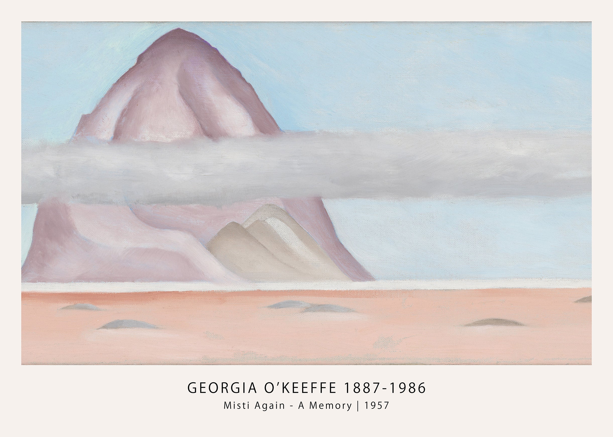 Georgia O'Keeffe’s "Misti Again - A Memory" painting featuring a pale purple mountain obscured by a cloud band over a pink desert plain, 1957.