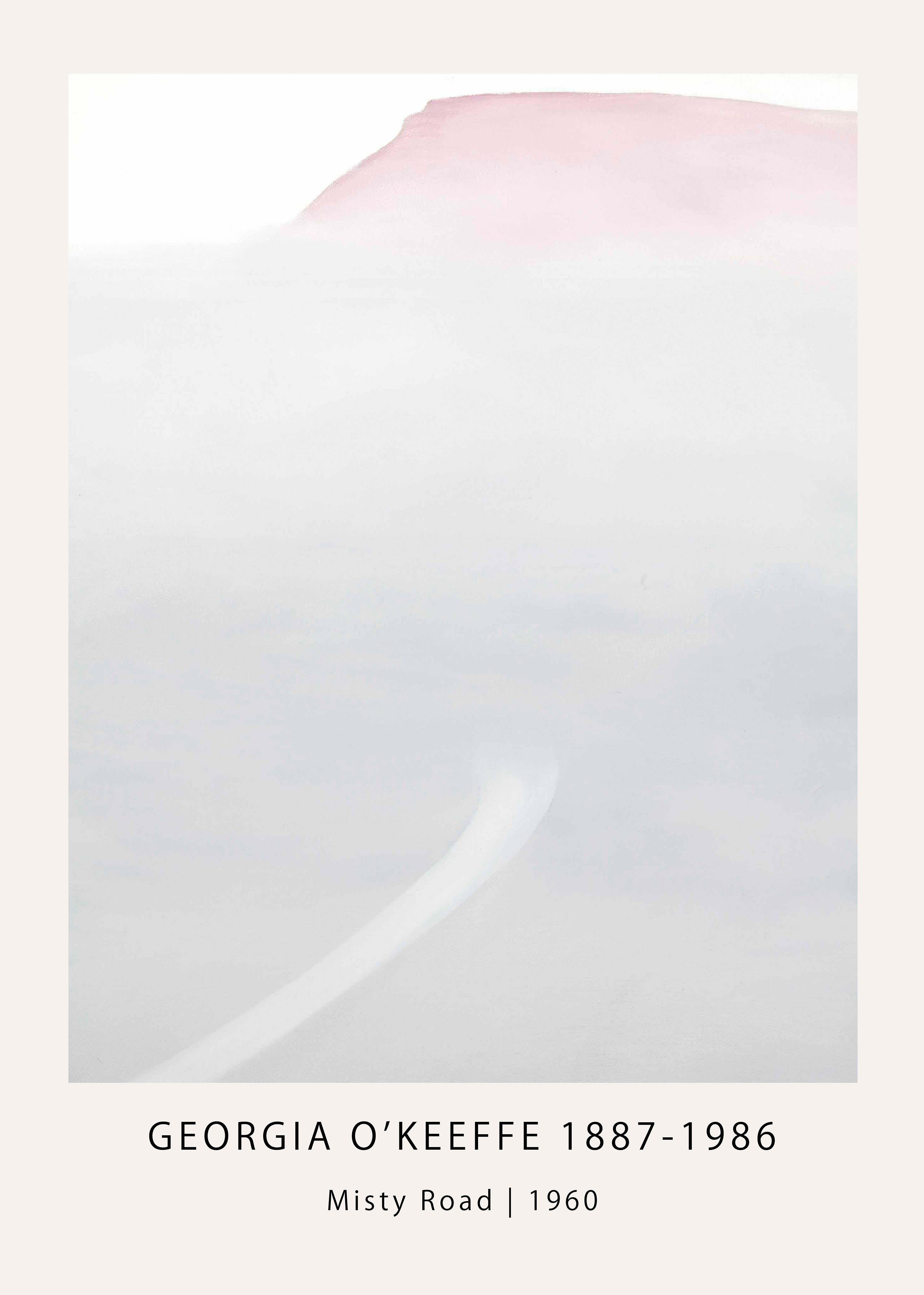 Georgia O'Keeffe abstract painting, "Misty Road," showing soft white atmospheric mist, a curving road, and a pale pink horizon line.
