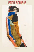 Egon Schiele's 1911 Expressionist drawing "Moa" featuring a seated figure draped in colorful, flowing robes (blue, orange, brown).