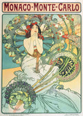 Alphonse Mucha Art Nouveau poster showing a woman with flowers and birds advertising Monaco-Monte-Carlo travel.