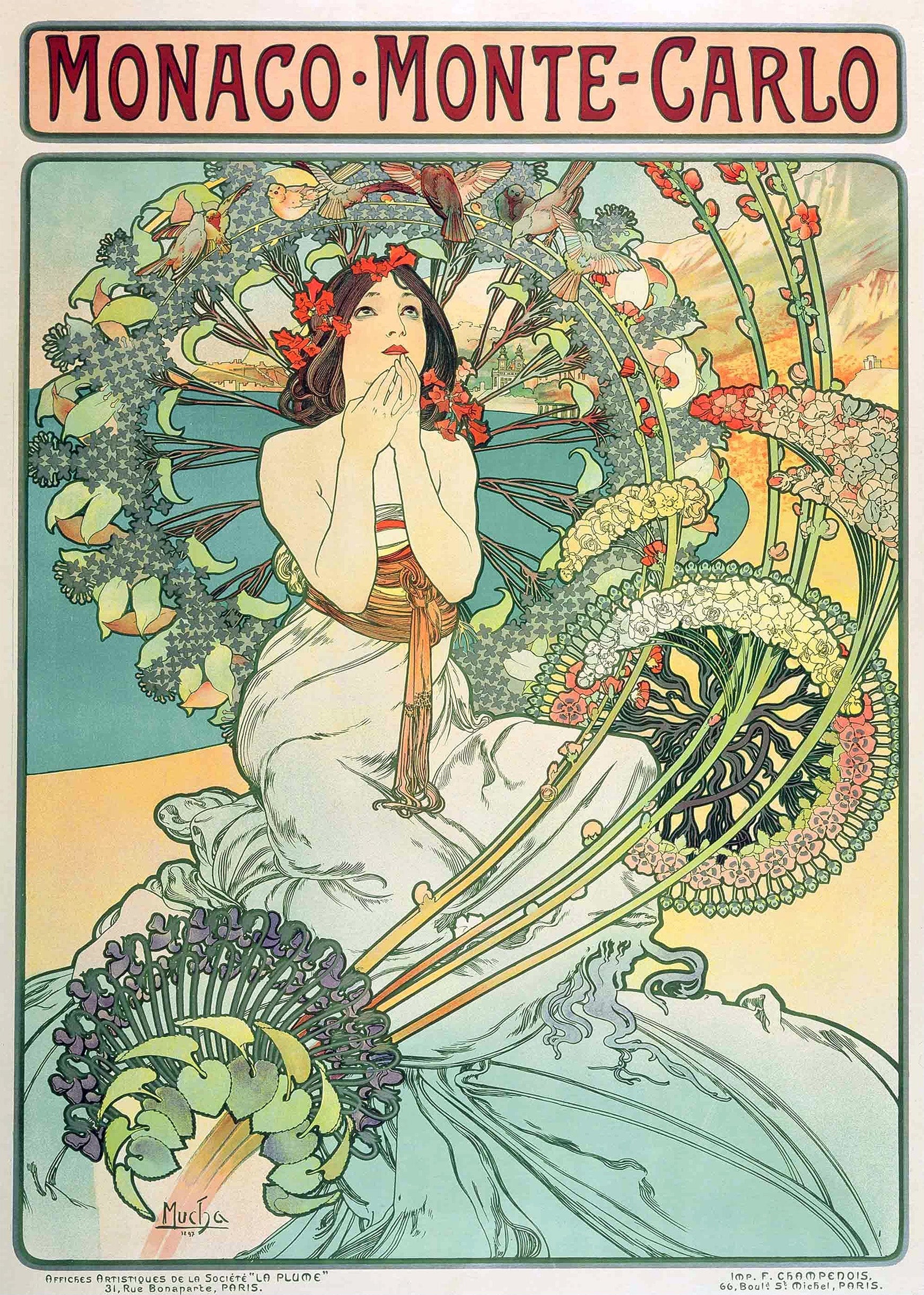 Alphonse Mucha Art Nouveau poster showing a woman with flowers and birds advertising Monaco-Monte-Carlo travel.