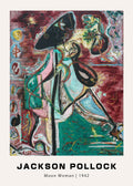 Reproduction print of Jackson Pollock's 1942 painting "Moon Woman," featuring complex layers of red, teal, black, and gold in an early abstract style.