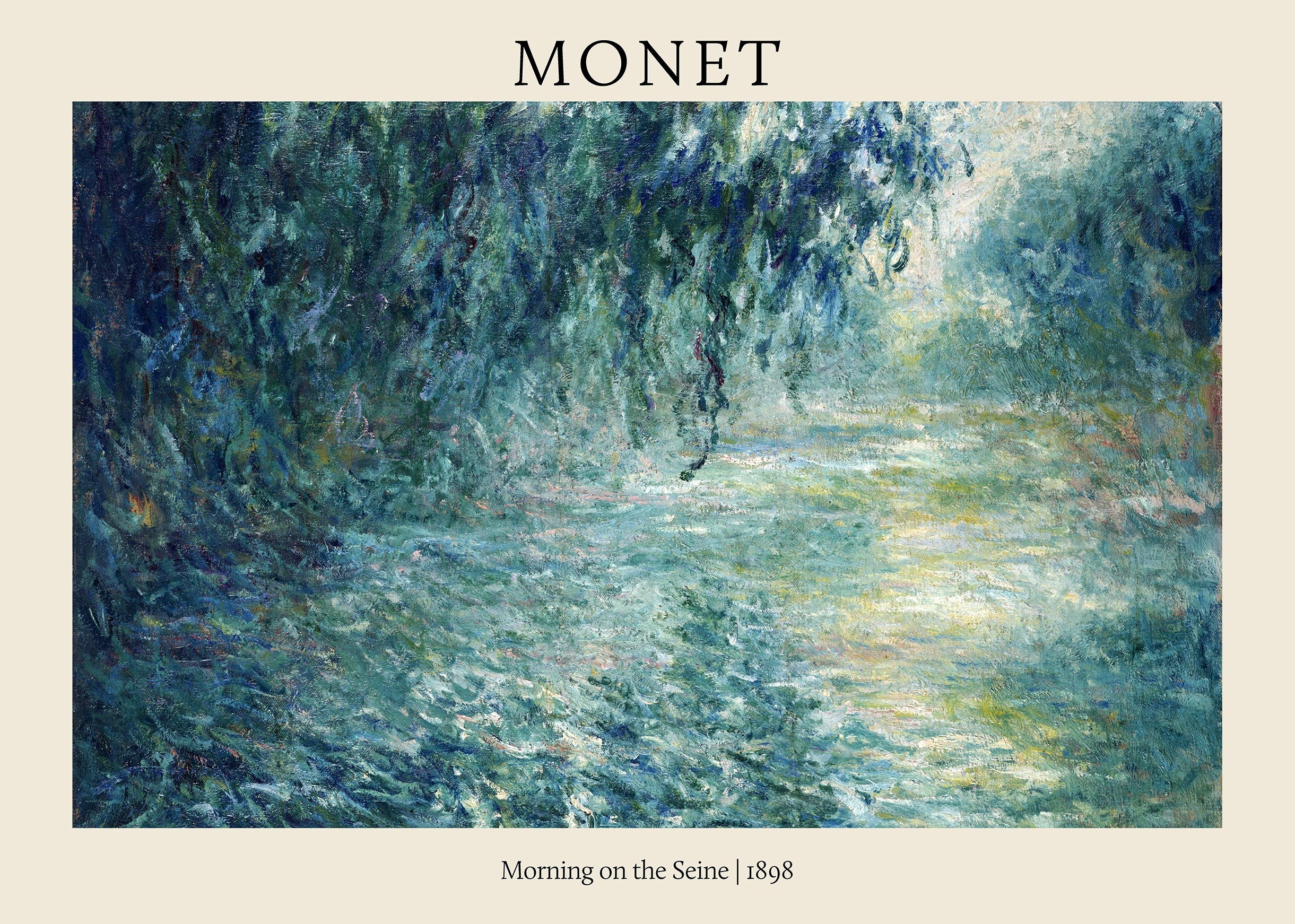 Claude Monet's "Morning on the Seine" 1898 painting print, showing deep blue and green foliage hanging over shimmering, sunlit water in a misty river landscape.