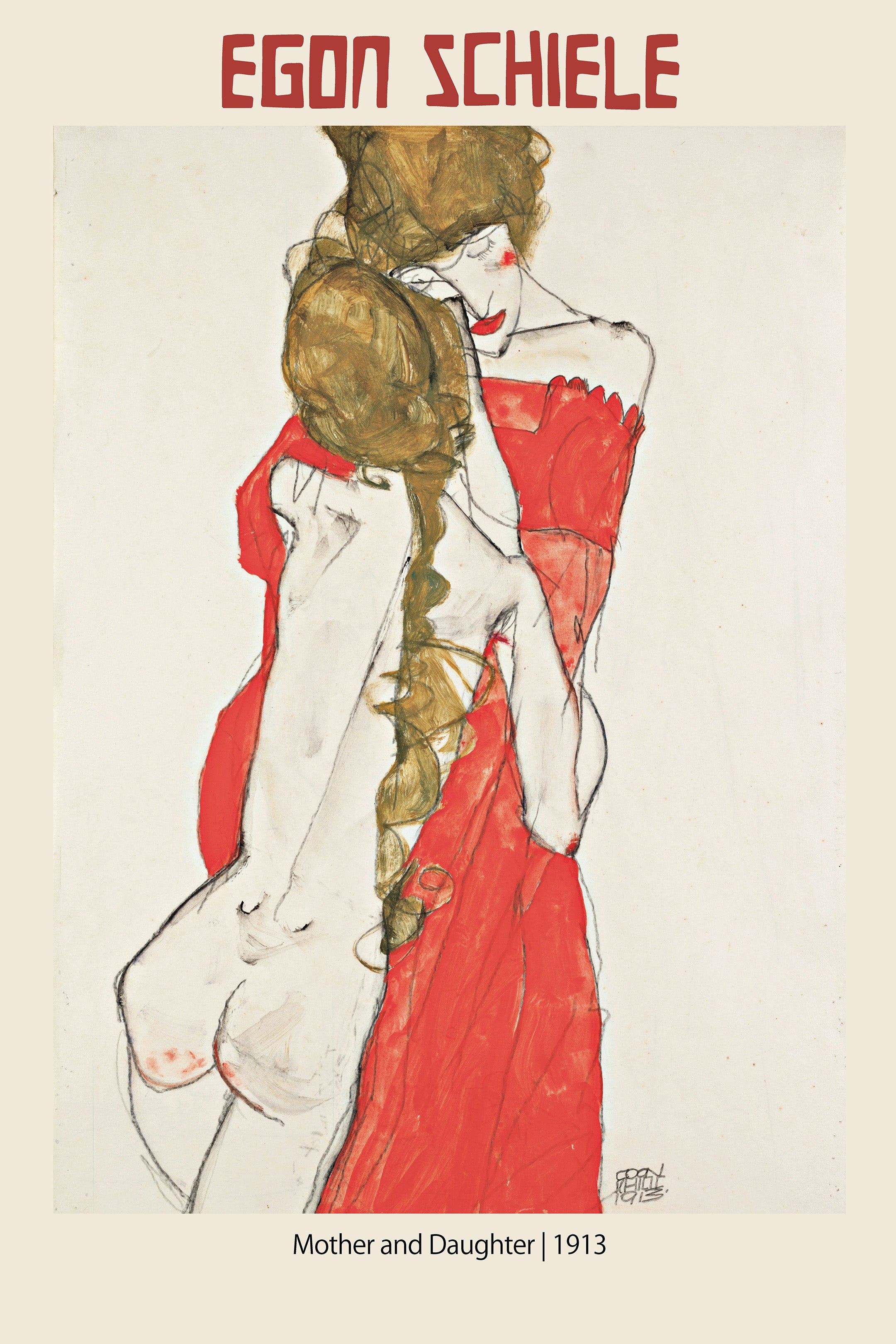 Egon Schiele's 1913 Expressionist drawing, Mother and Daughter, showing two figures embracing, one partially nude with a long braid, against a stark red background.