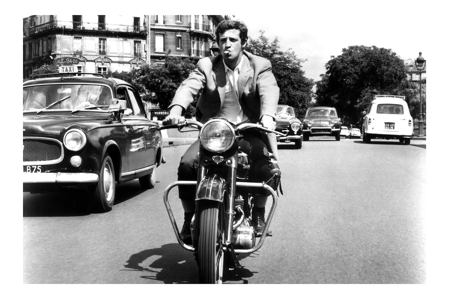 Iconic Belmondo Motorcycle in Paris Poster Black and White Print Poster