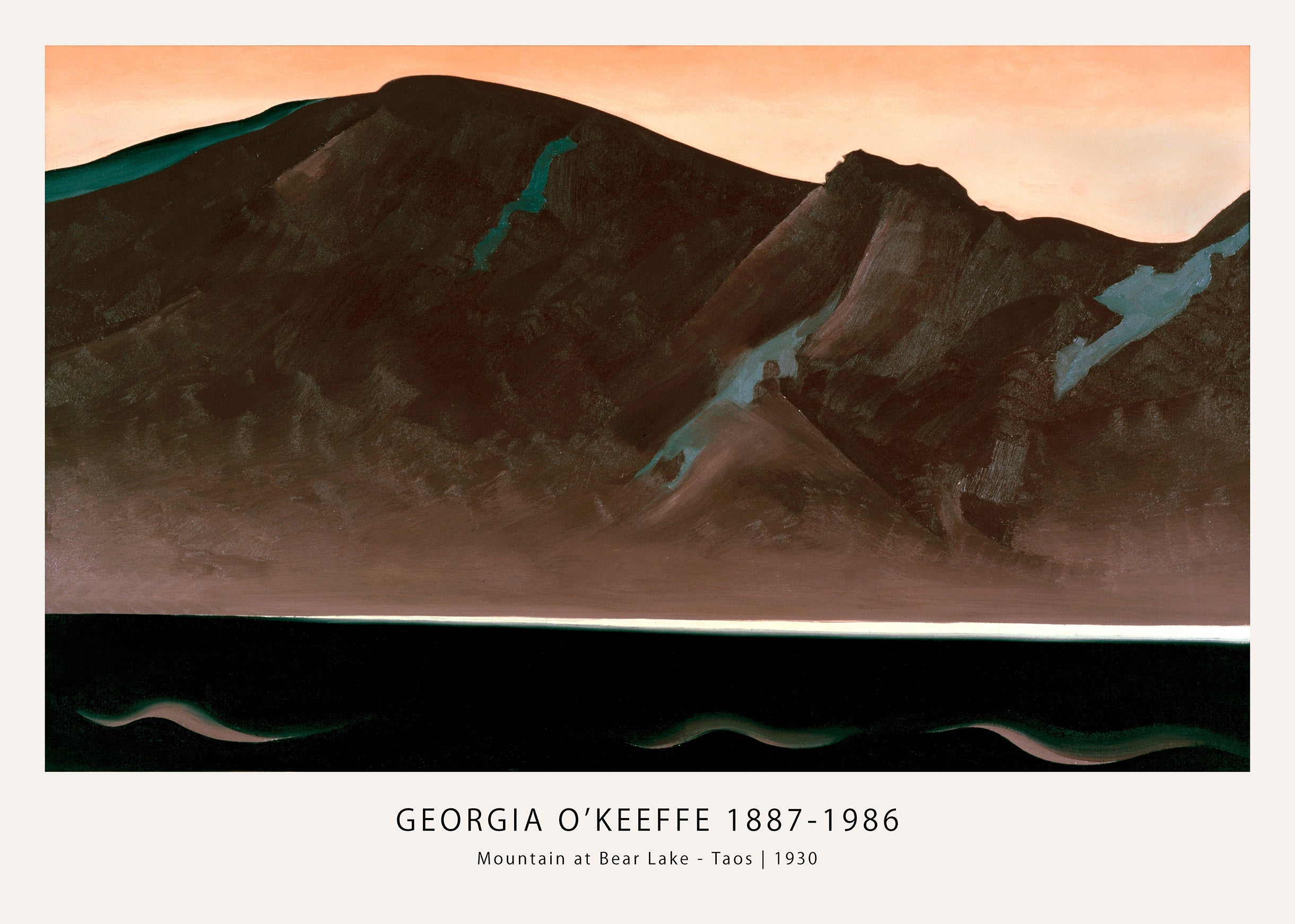 Reproduction print of Georgia O'Keeffe's 1930 abstract landscape, featuring dark, imposing mountains against an orange sky and a black foreground.