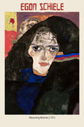 Egon Schiele's 1912 painting, "Mourning Woman," depicting an emotionally intense female face with dark hair, blue eyes, and heavy expressionist brushstrokes.