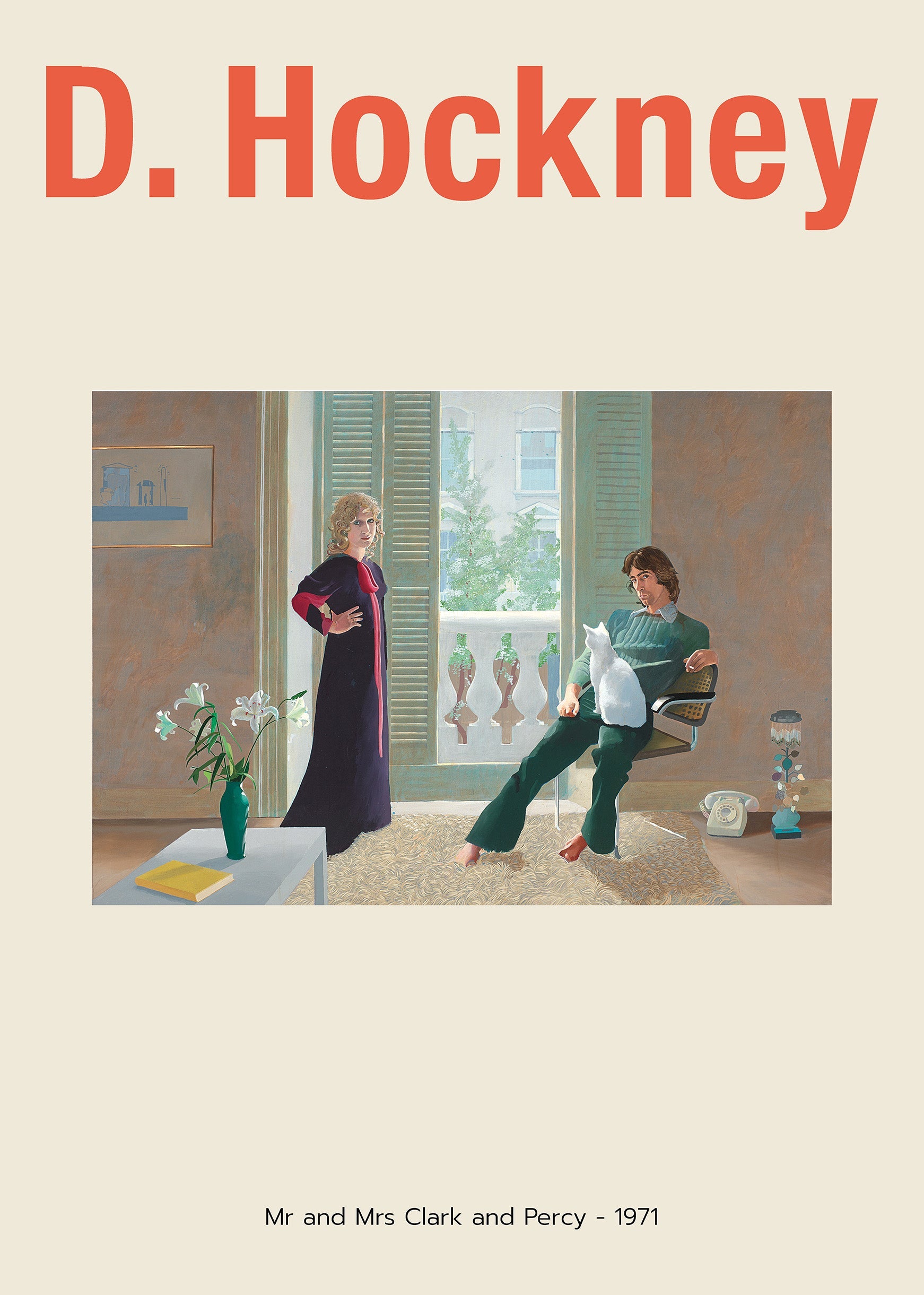 Reproduction poster of David Hockney's 1971 painting "Mr and Mrs Clark and Percy," featuring the couple and a white cat in a bright, modern interior.