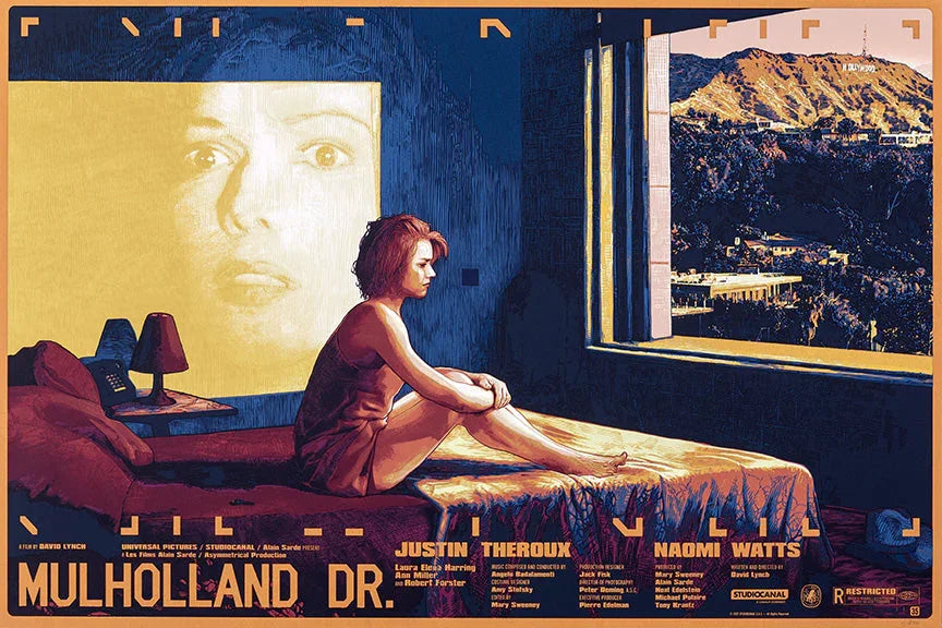 Mulholland Dr. movie art showing a woman sitting on a bed looking out a window at the Hollywood Hills with a large face projection on the wall