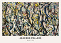 High-resolution reproduction of Jackson Pollock's 1943 painting "Mural," featuring dense, fluid strokes of black, yellow, white, and blue paint on a large canvas. Abstract Expressionist artwork.