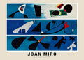Joan Miró abstract oil painting, "Mural I, II, III," featuring black and white biomorphic shapes against a rich cobalt blue background in three horizontal panels.