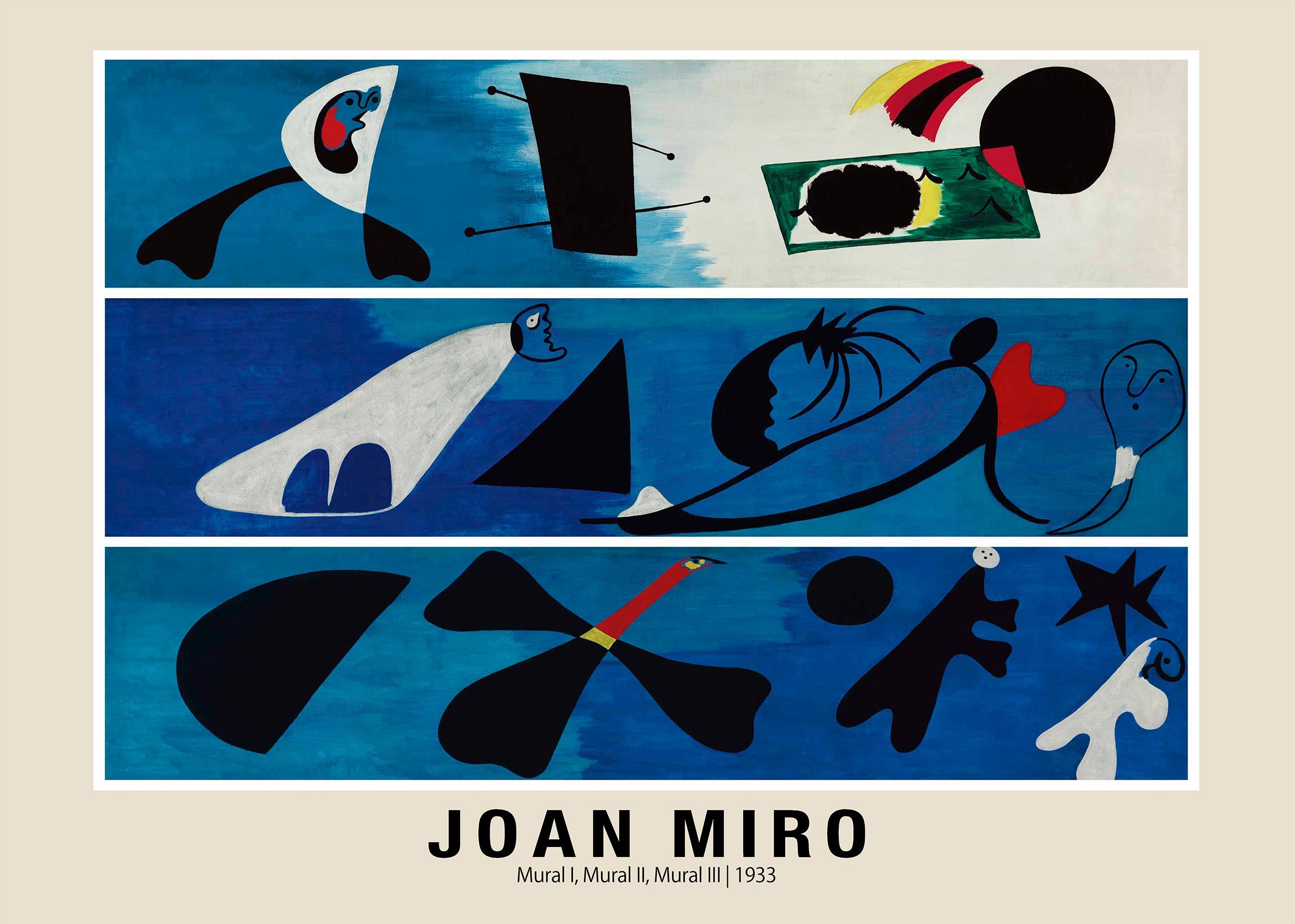 Joan Miró abstract oil painting, "Mural I, II, III," featuring black and white biomorphic shapes against a rich cobalt blue background in three horizontal panels.