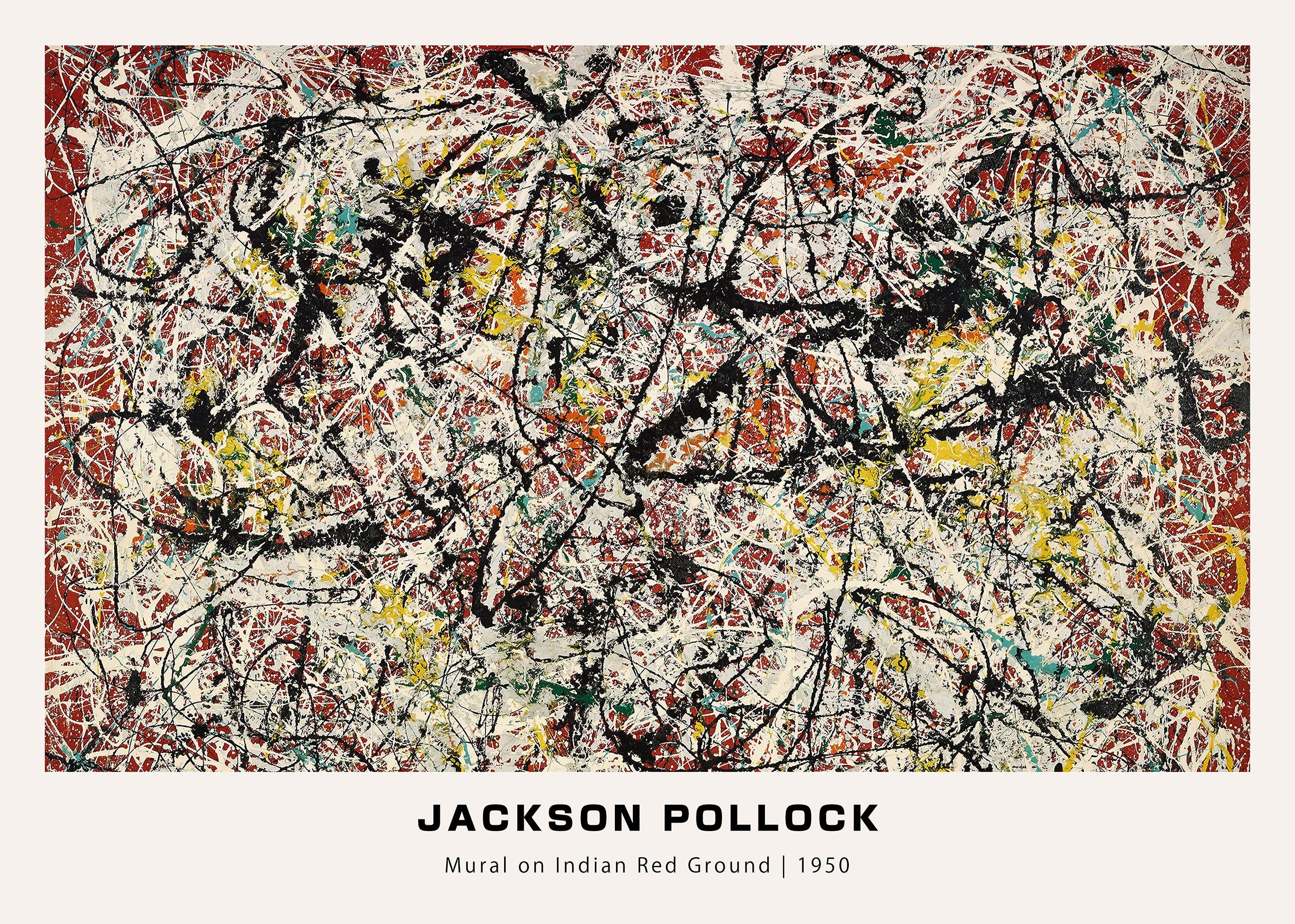 Jackson Pollock abstract expressionist drip painting, "Mural on Indian Red Ground," featuring intricate layers of black, white, yellow, and red paint splatter from 1950.