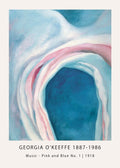 High-quality art reproduction of Georgia O'Keeffe's 1918 abstract painting, Music – Pink and Blue No. 1, showing flowing forms in pink, white, and deep cerulean blue.
