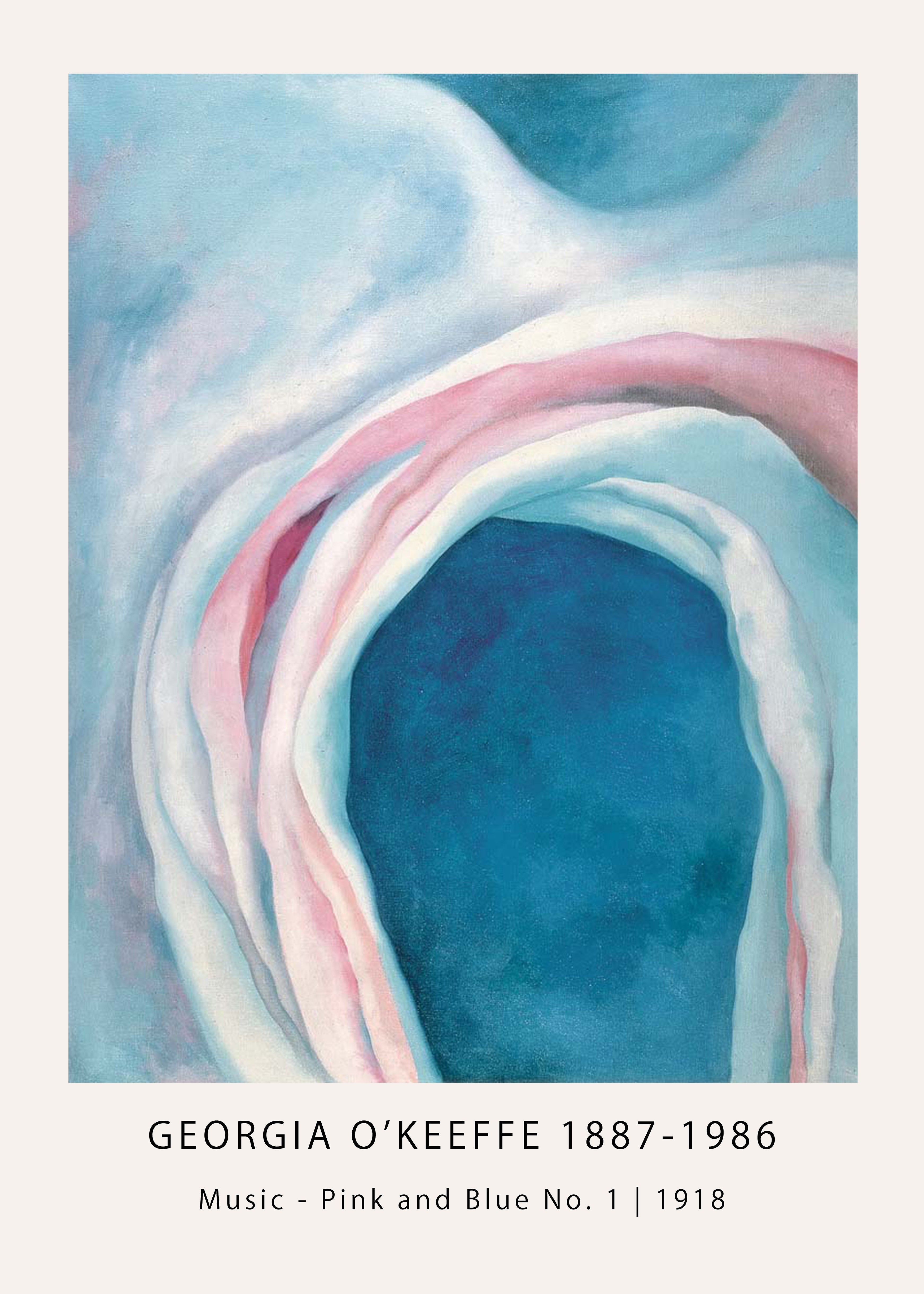High-quality art reproduction of Georgia O'Keeffe's 1918 abstract painting, Music – Pink and Blue No. 1, showing flowing forms in pink, white, and deep cerulean blue.