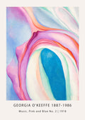 Abstract painting by Georgia O'Keeffe (1918) showing flowing organic shapes in vibrant magenta, azure blue, and soft pastel colors.