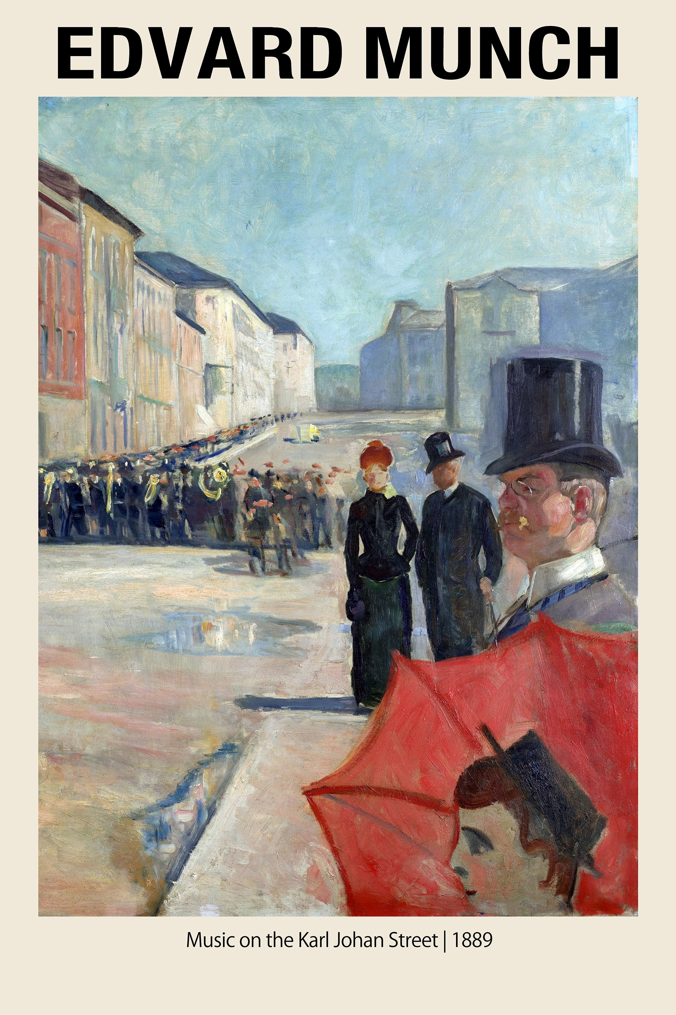 Oil painting by Edvard Munch showing a crowded street procession, featuring a man in a top hat and a bright red umbrella.