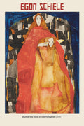 Egon Schiele's 1911 watercolor, "Mutter mit Kind in rotem Mantel," showing two stark figures wrapped in vivid red and gold.