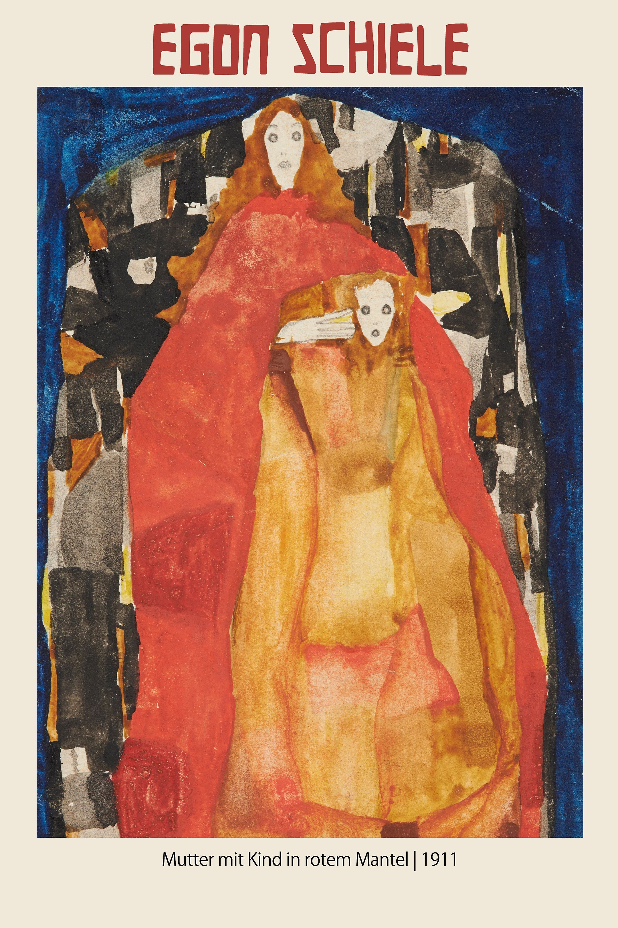 Egon Schiele's 1911 watercolor, "Mutter mit Kind in rotem Mantel," showing two stark figures wrapped in vivid red and gold.